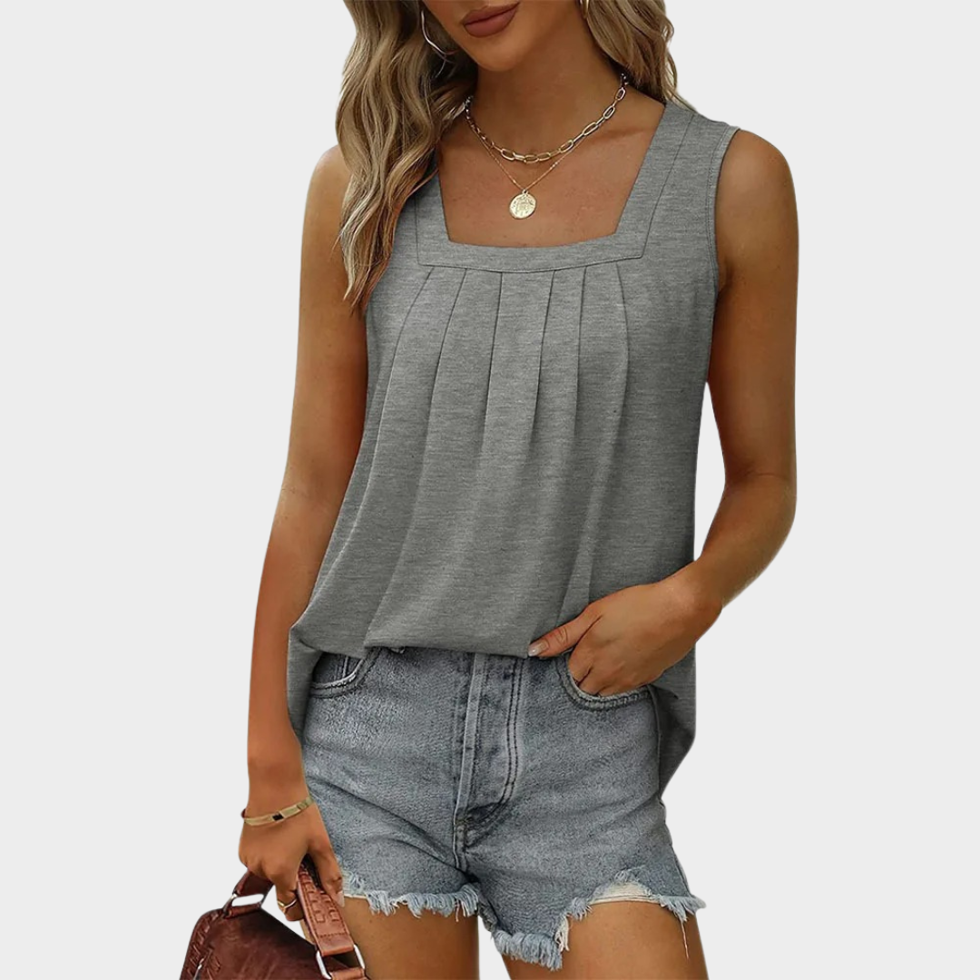 Women’s Sleeveless Pleated Blouse – Square Neck Loose Fit Top – Soft Lightweight Fabric – Smart Casual Style – Solid Colour – Multiple Colours
