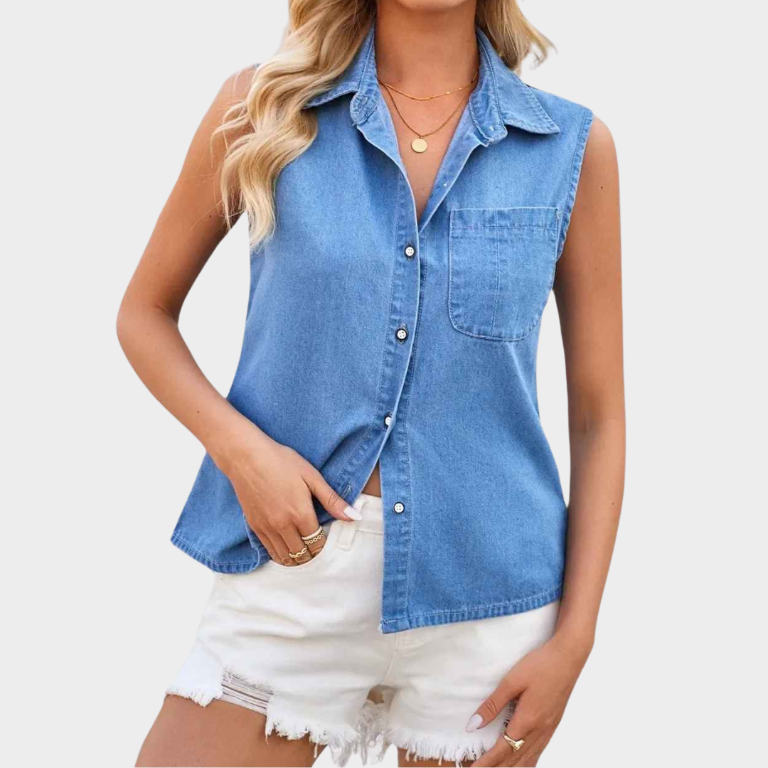Women Denim Vest – Slim Fit Sleeveless Top with Washed Vintage Look Silk Blend – Blue