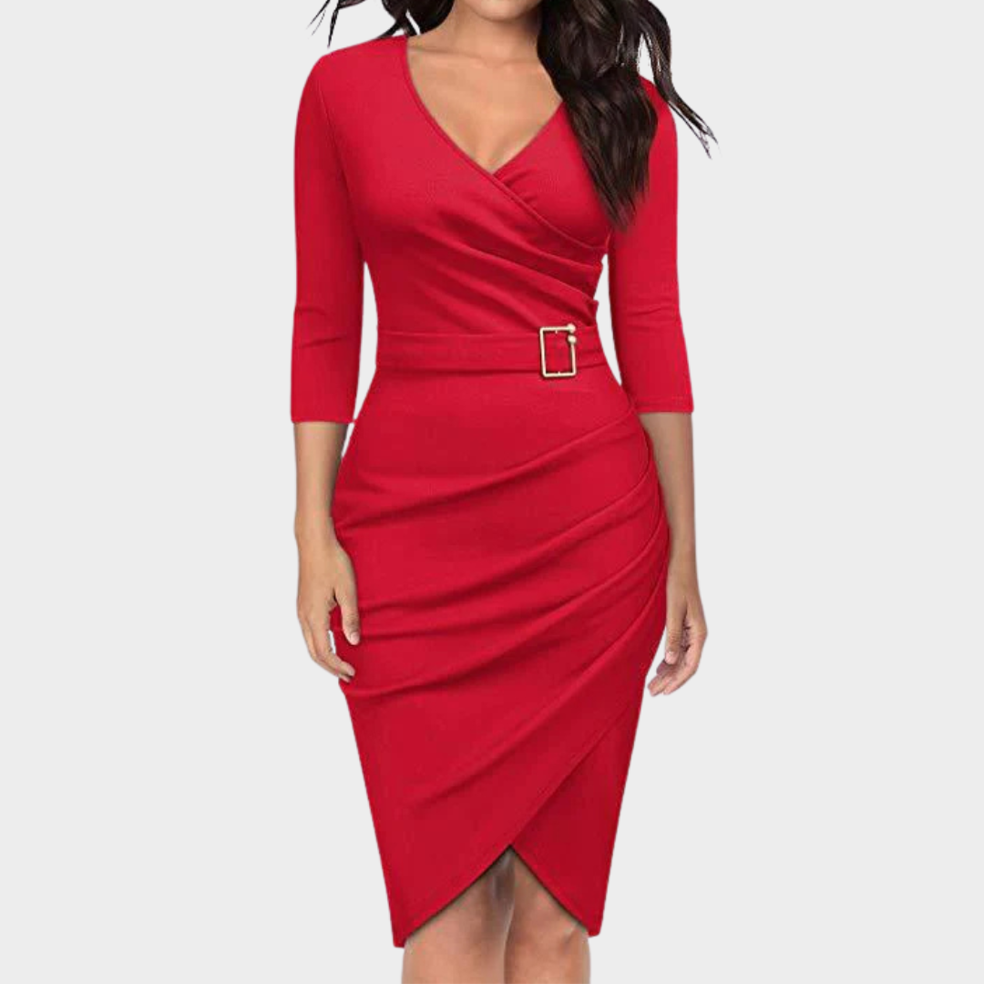 Women's Long Sleeve Bodycon Dress – V-Neck Slim Fit Workwear – Solid Colour – Soft Stretch Fabric – Elegant Office Style – Multiple Colours