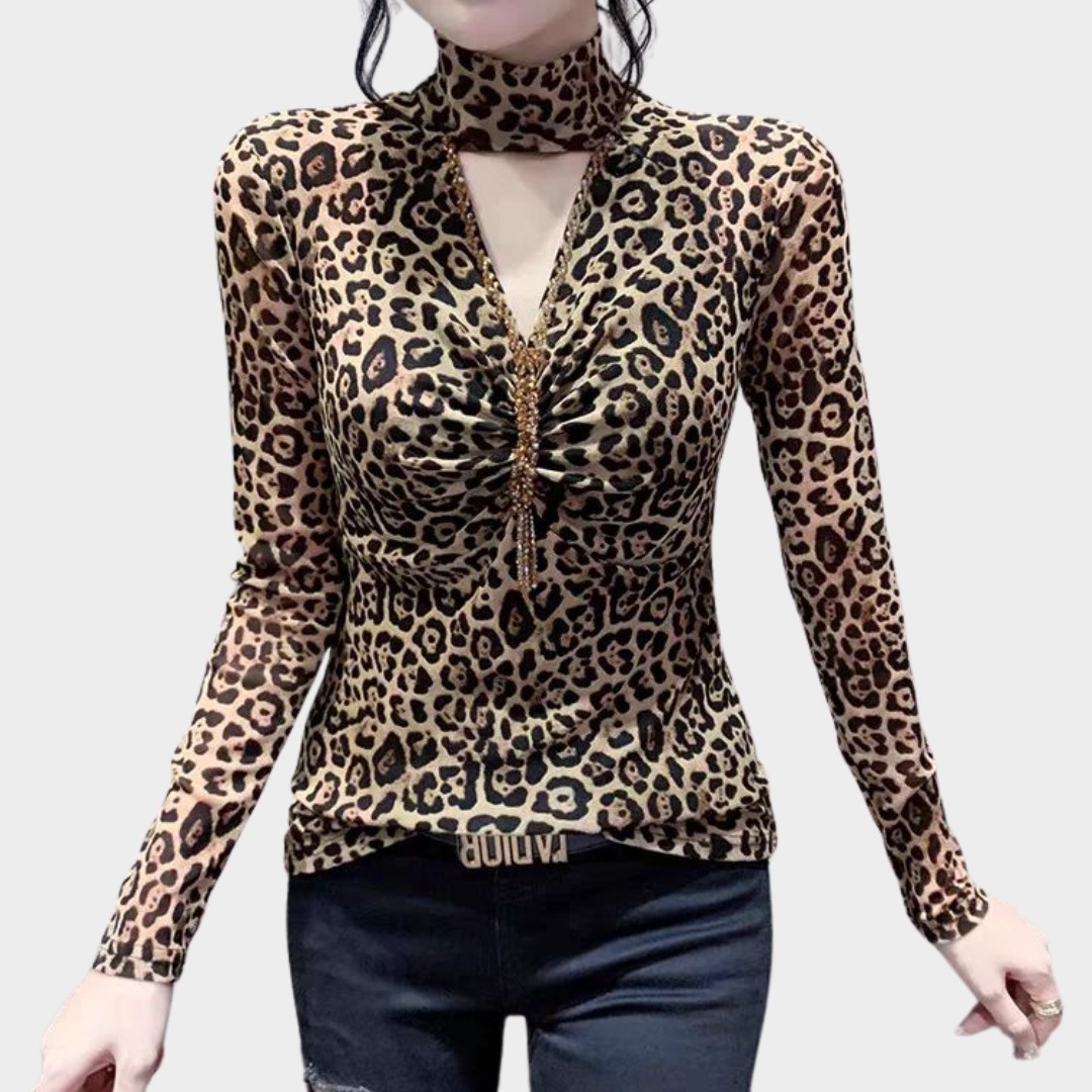 Women’s Long-Sleeved Top – Hollow Out Design – Beaded Detail – Slim Fit – Mesh Fabric – Brown