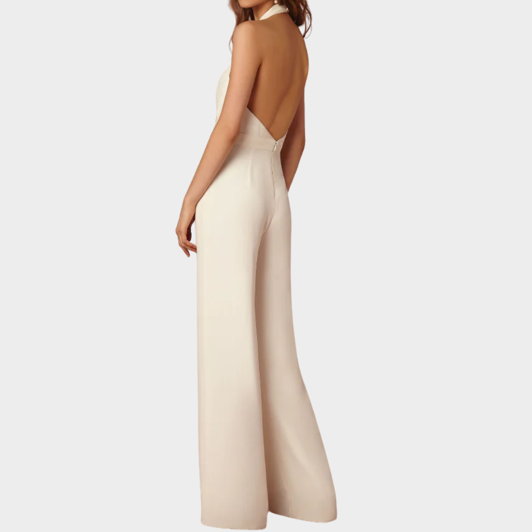 Women’s Halterneck Wide Leg Jumpsuit – V Neck Sleeveless Romper with Pockets – Solid Colour Streetwear Fit – Multiple Colours