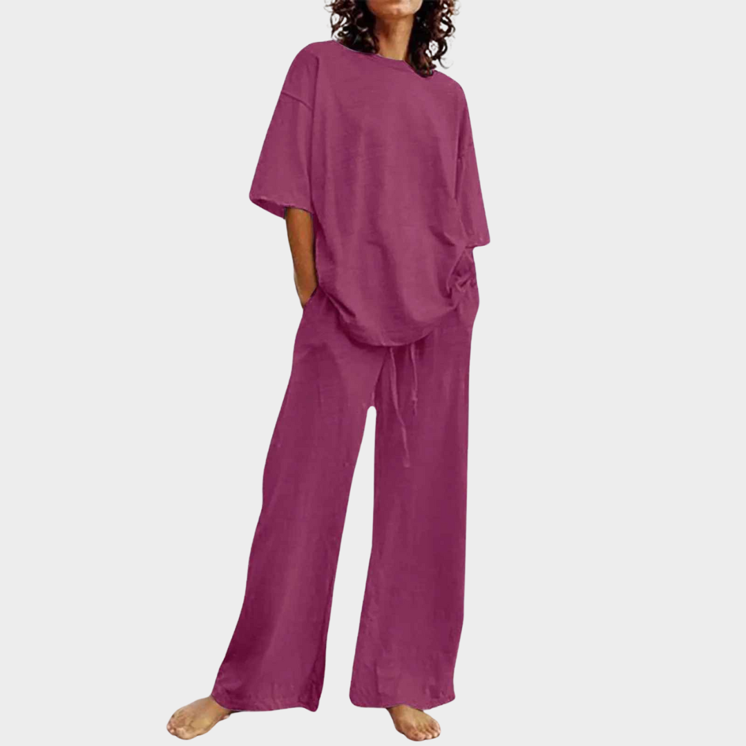 Women Two Piece Set – O-Neck Half Sleeve Belted Top with Pockets and Bell Bottom Trousers Cotton Blend – Multiple Colours