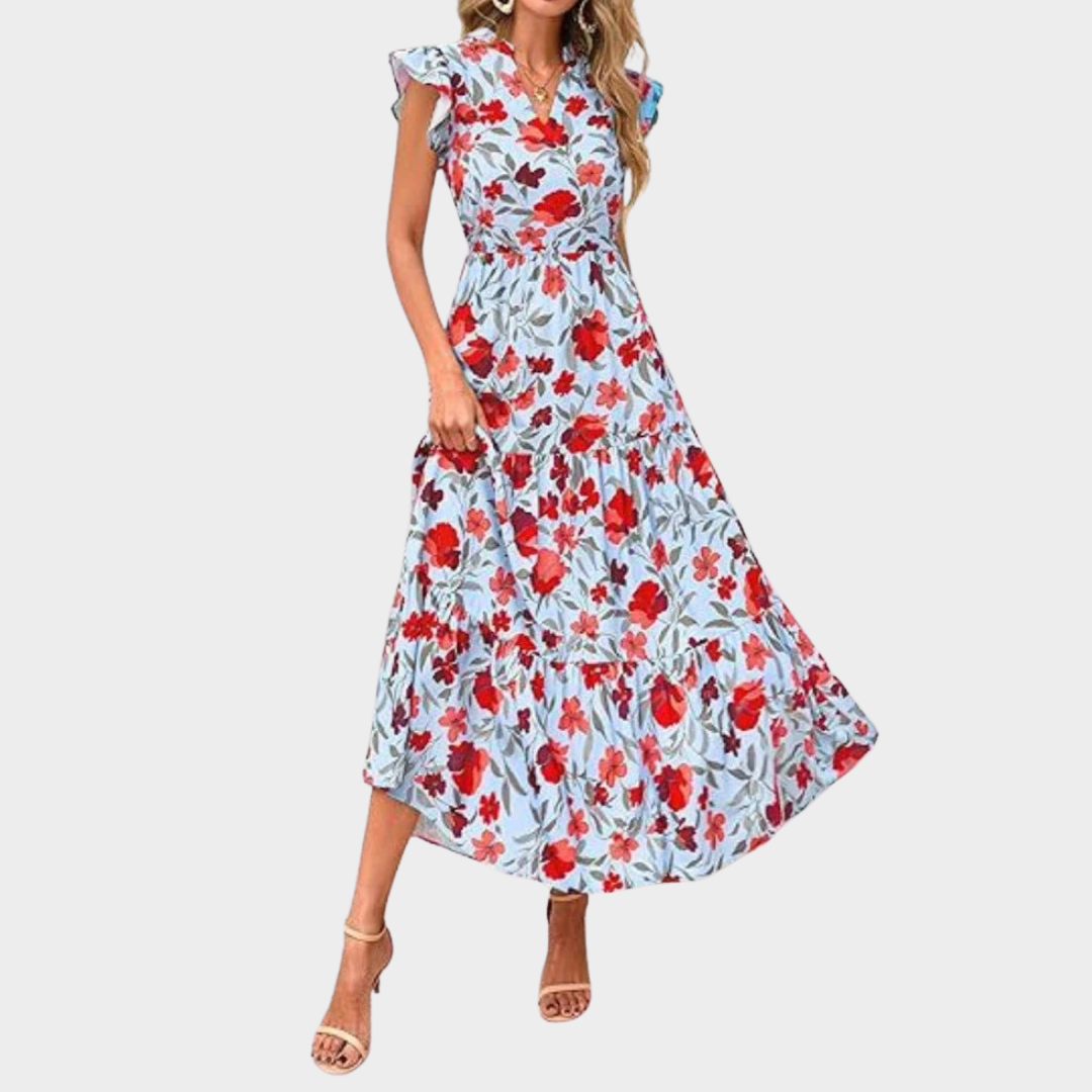 Bohemian V Neck Women's Maxi Dress – Pleated Draped Loose Fit – Floral Print Long Gown – Lightweight Fabric – Multiple Colours