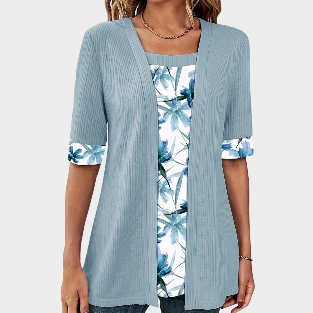 Women’s Patchwork Loose Fit T-Shirt – Elegant Two-Piece Look – Printed Casual Half Sleeve Top – Soft Fabric Comfort – Blue