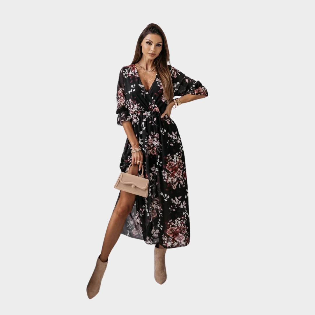 Women's Floral Chiffon Maxi Dress - V-Neck - Short Sleeve - Front Split - Elegant & Flowy - Multiple Colours