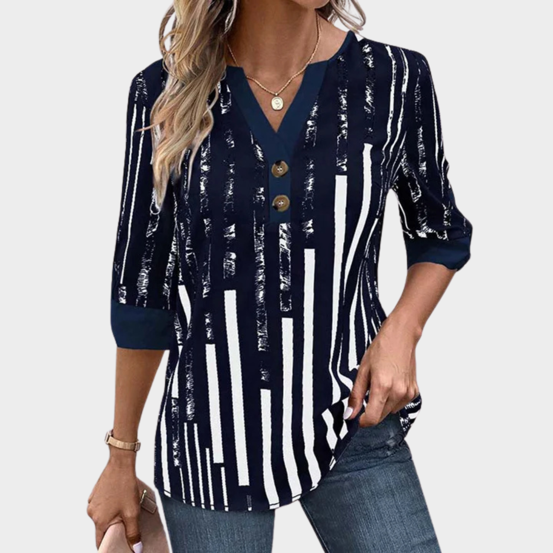 Women's Half Sleeve Striped Blouse – V-Neck Casual Fit with Button Detail – Lightweight Cotton-Polyester Top – Navy Blue