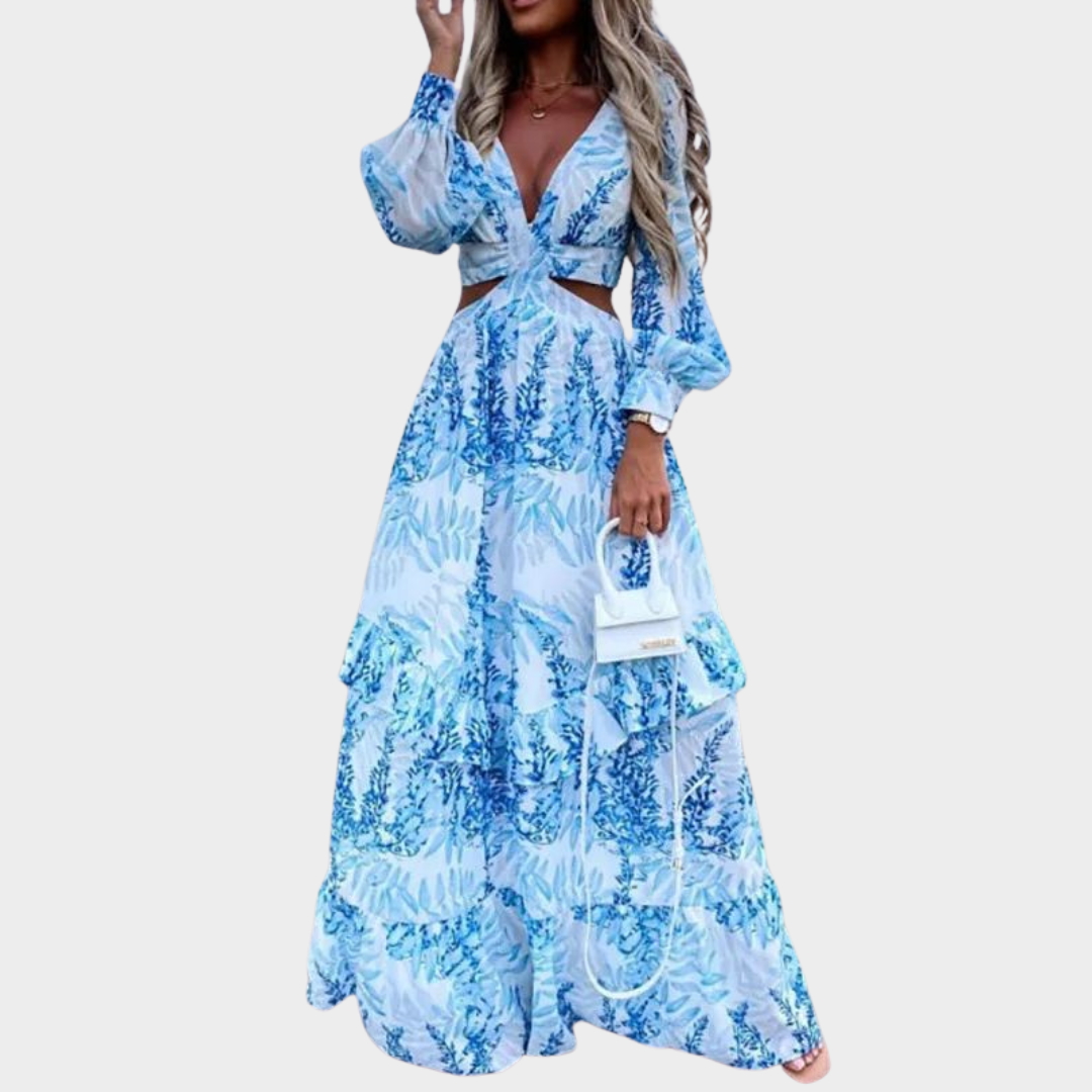 Women's Long Sleeve Maxi Dress – Deep V-Neck Ruffle Spliced Fit – Elegant Print – Multiple Colours