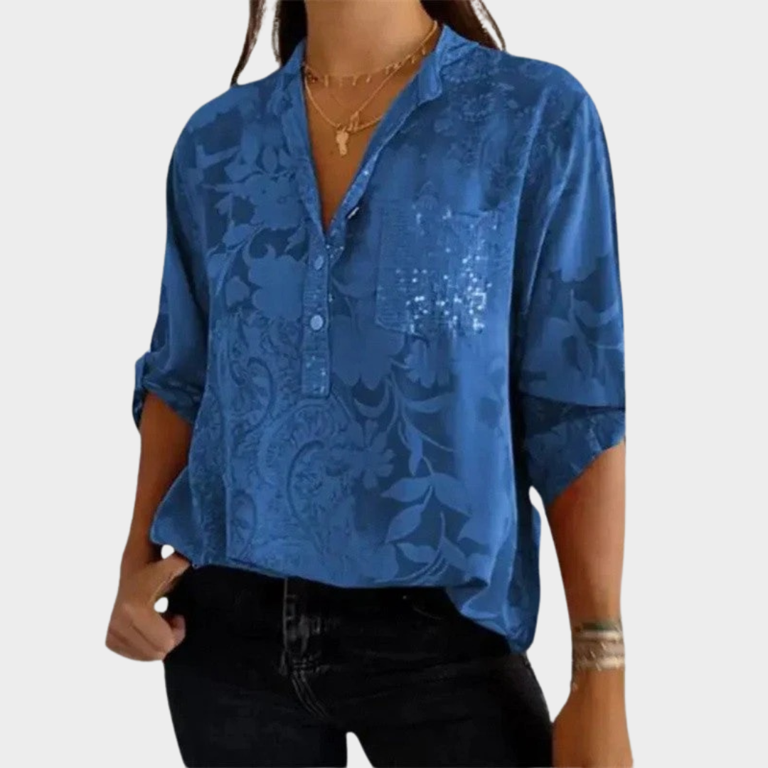 Women’s Relaxed Fit Tunic Blouse – Long Sleeve Floral Print Top with Sequin Detail – Luxury Fabric – Multiple Colours
