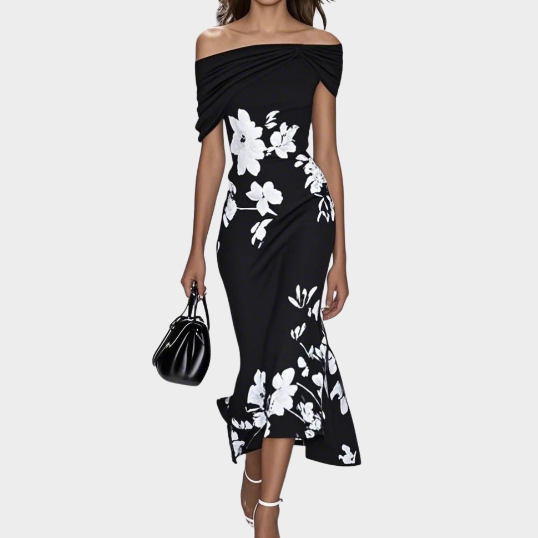 Women’s A-Line Off Shoulder Dress – High Waist Wrap Fit – Floral Print – Lightweight Comfortable Material – Multiple Colours