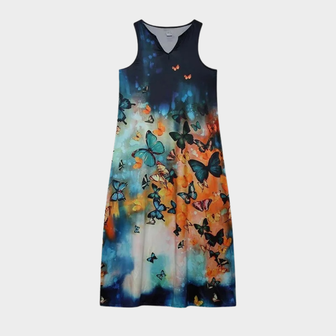 Women’s Printed Sleeveless Long Dress – Lightweight A-Line Maxi Fit – Casual Relaxed European Style – Navy Blue