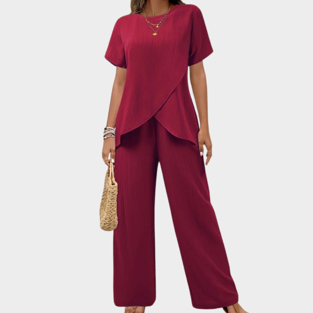 Women Two-Piece Set – Round Neck Short Sleeve Top with Irregular Split and Elastic Waist Trousers – Multiple Colours