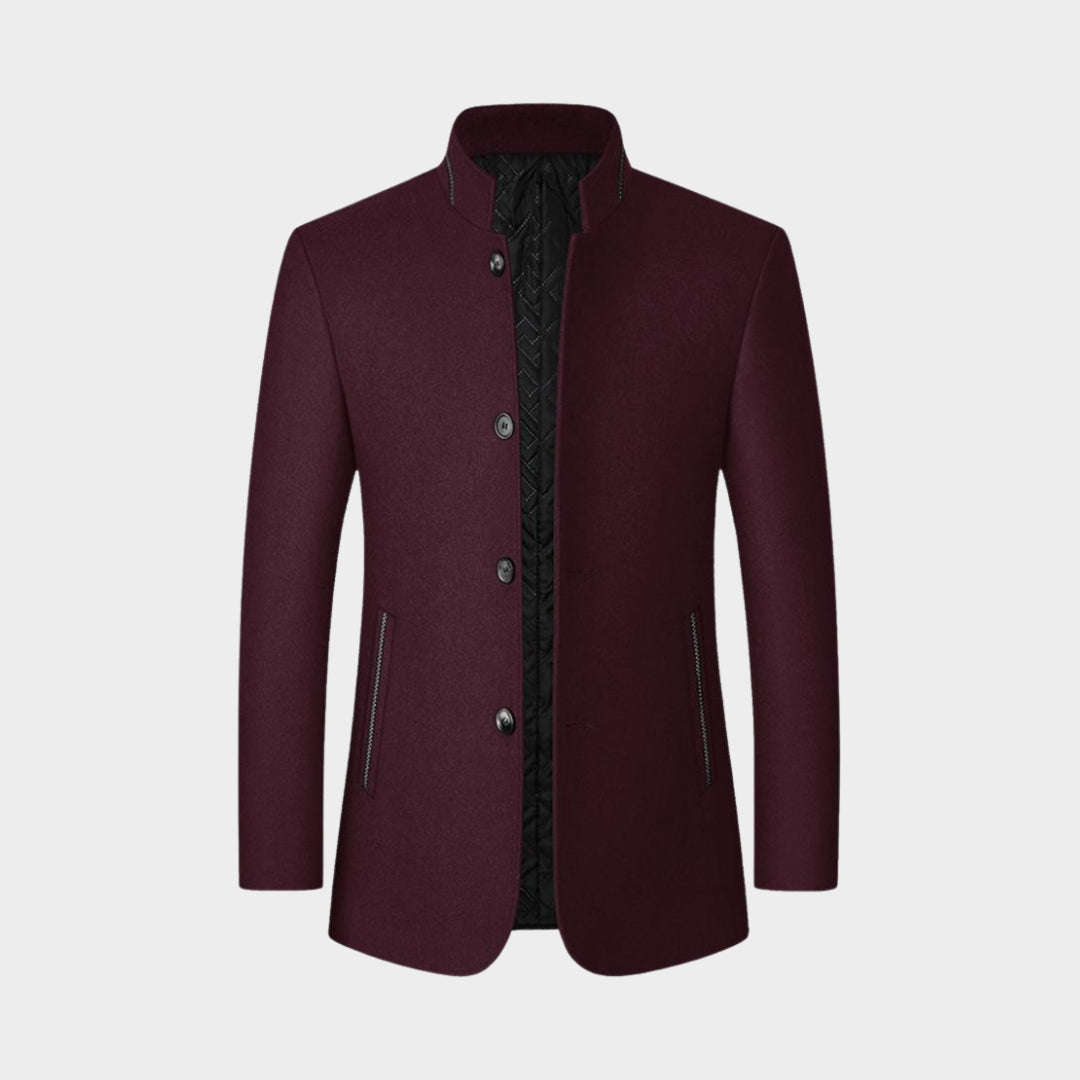 Men's Wool Blend Overcoat - Old Money - Winter Warm Trench Coat, Stand-Up Collar, Wine Red, Black, Grey