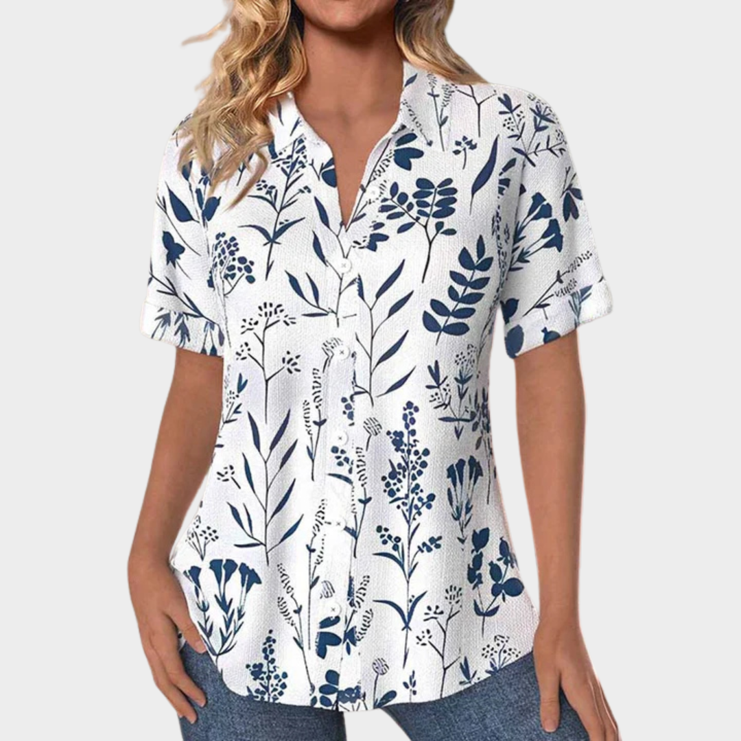 Women’s Leaf Print Blouse – Turn-Down Collar Short Sleeve Shirt with Button Detail – Lightweight Cotton-Polyester Fabric – Relaxed Fit – Blue