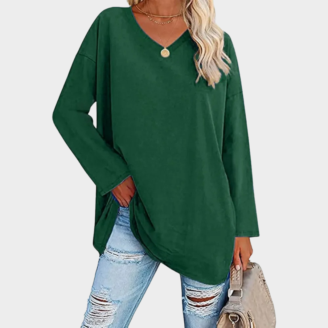 Women’s Loose Fit Knit Top – Long Sleeve V-Neck Blouse – Lightweight Solid Fabric – Multiple Colours