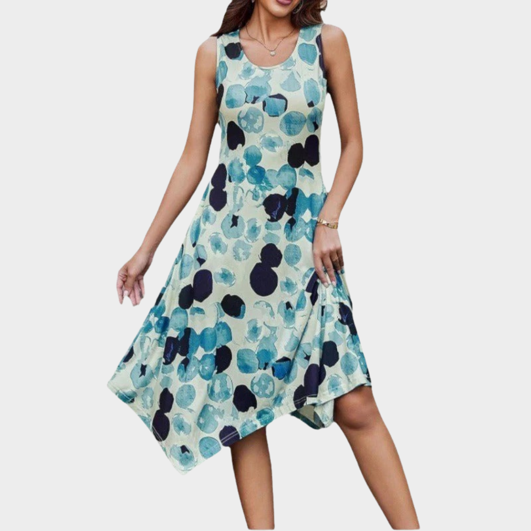 Women Dress – Sleeveless Irregular Hem Swing Style with Printed Design in Cotton Blend – Multiple Colours