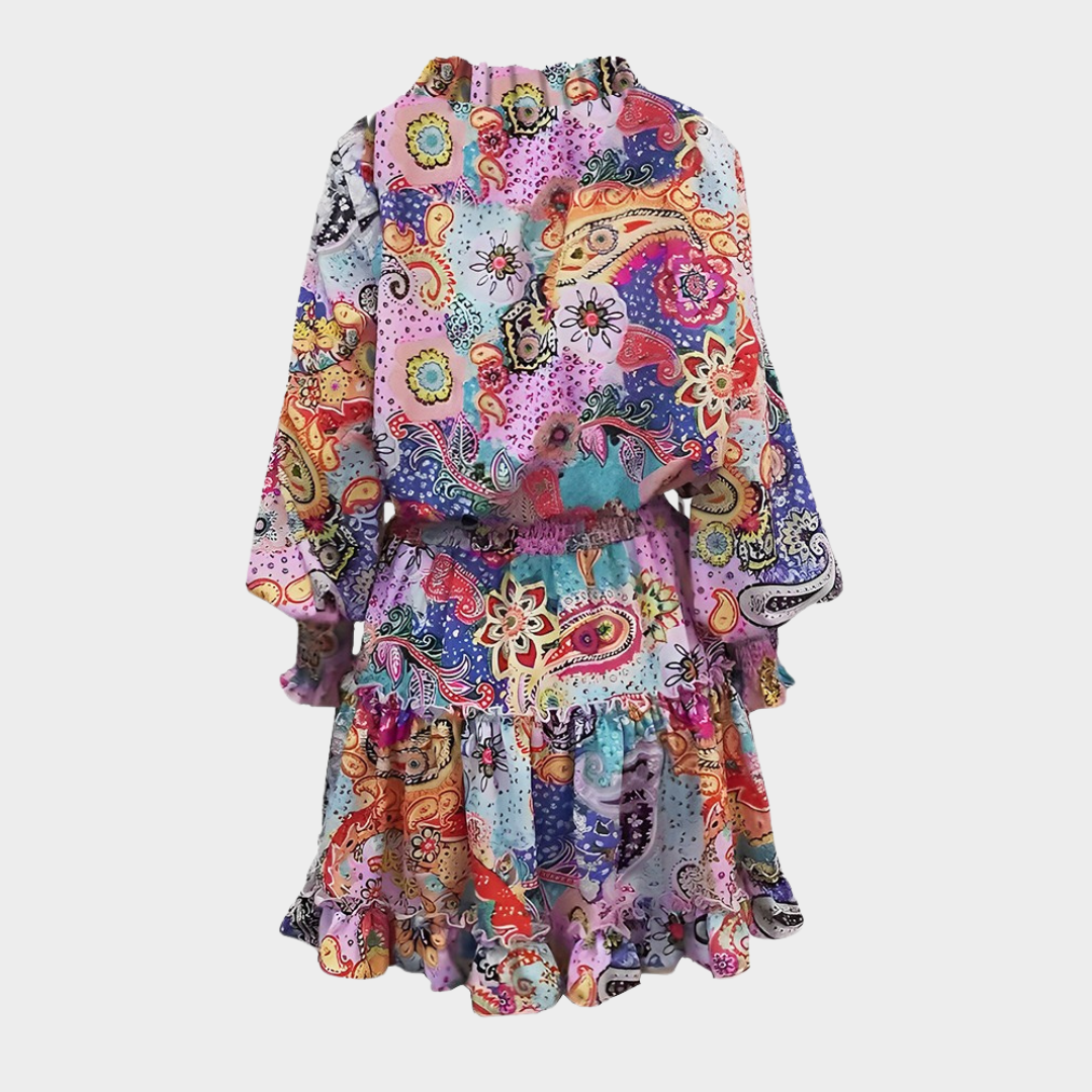 Women's A-Line Ruffled Leopard Print Dress – Long Sleeve – High Waist – Deep V-Neck – Multicolour Pink
