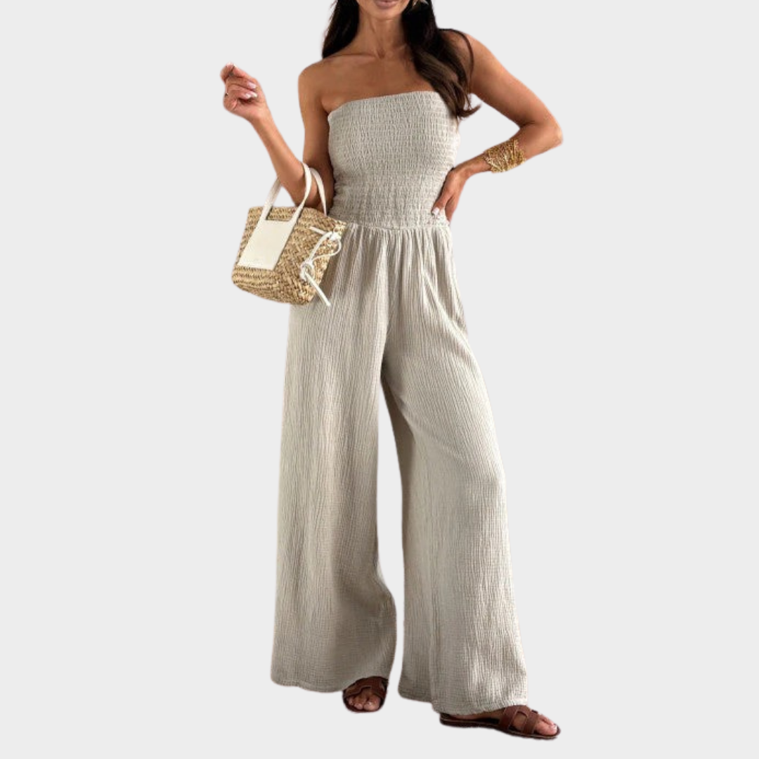 Women Strapless Jumpsuit – Smocked Top – Wide Leg – Relaxed Fit – Cotton Feel – Multiple Colours