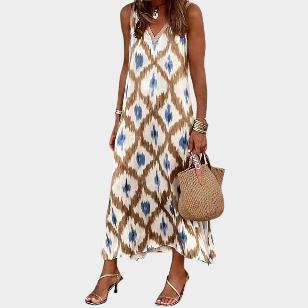 Women Sleeveless Mid-Length Dress – V-neck Split Hem – Printed Casual Checkered Style – Flattering Fit – Lightweight Fabric – Brown