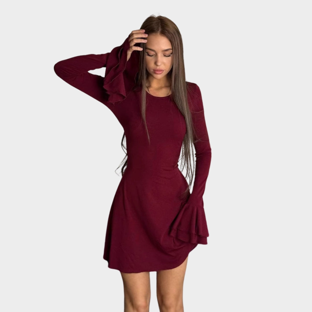 Women's Flared Cuff Mini Dress - Round Neck - Long Sleeve - Fitted & Elegant - Red & Black