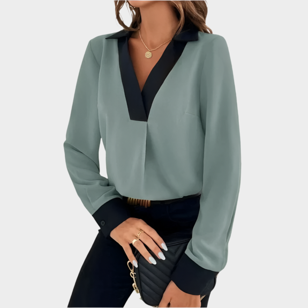 Women's V-Neck Blouse – Long Sleeve – Patchwork Color – Office Wear – Multiple Colours