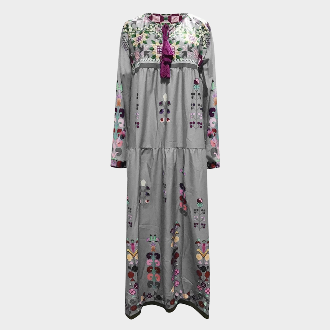 Indie Folk Loose Maxi Dress – Women’s Casual V-Neck Linen Dress – Lantern Sleeve – Flowing Fit – Multiple Colours