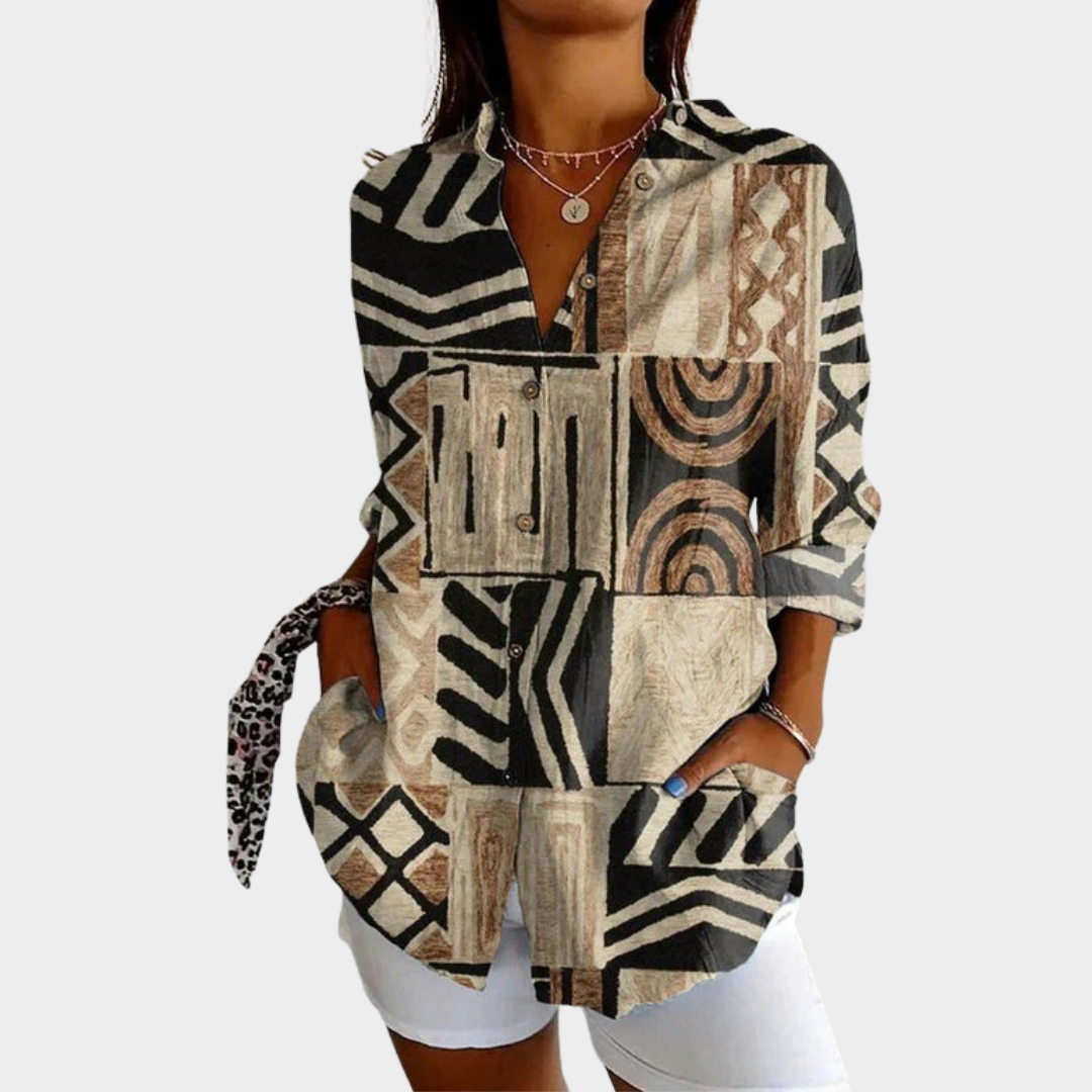 Women's Vintage Abstract Print Blouse – Long Sleeve Turn-Down Collar Cotton Polyester Shirt – Brown