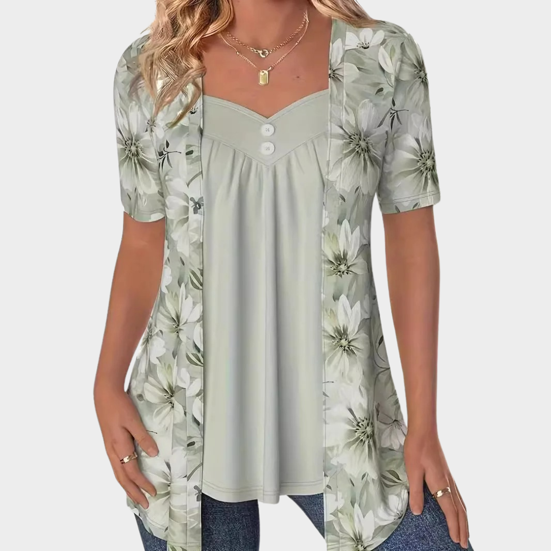 Women’s Floral Layered-Look Blouse – Short Sleeve V-Neck Casual Fit – Printed Patchwork Style – Cotton-Polyester Blend – Multiple Colours