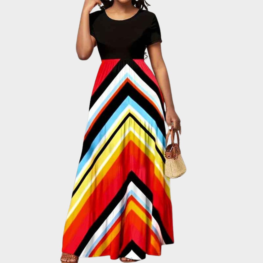 Women's Long Dress – Short Sleeve Round Neck with Striped Casual Fit – Black