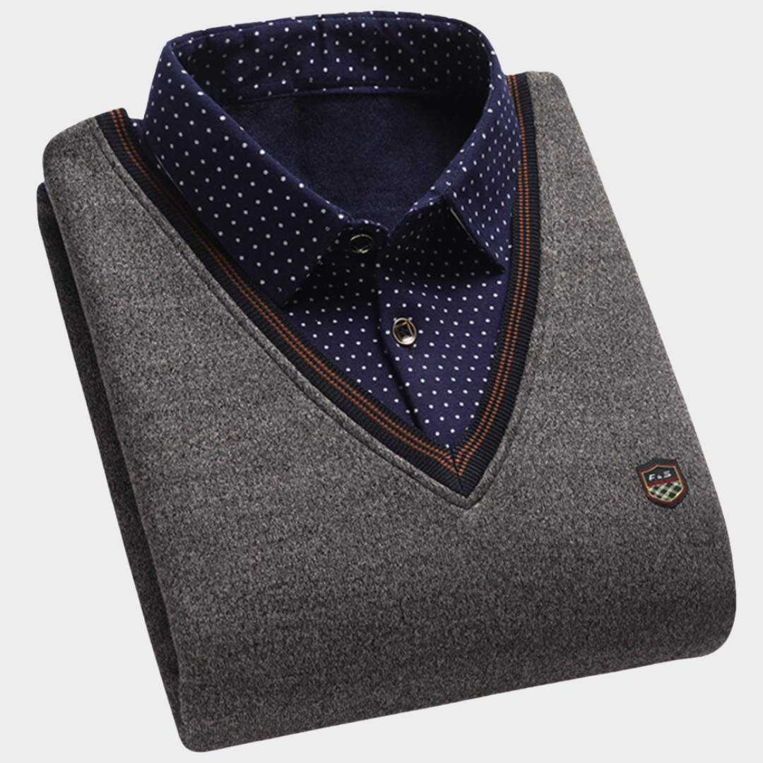 Men's Knitted Sweater - Two-Piece - Polo Collar - Warm Plush Lining - Multiple Colours