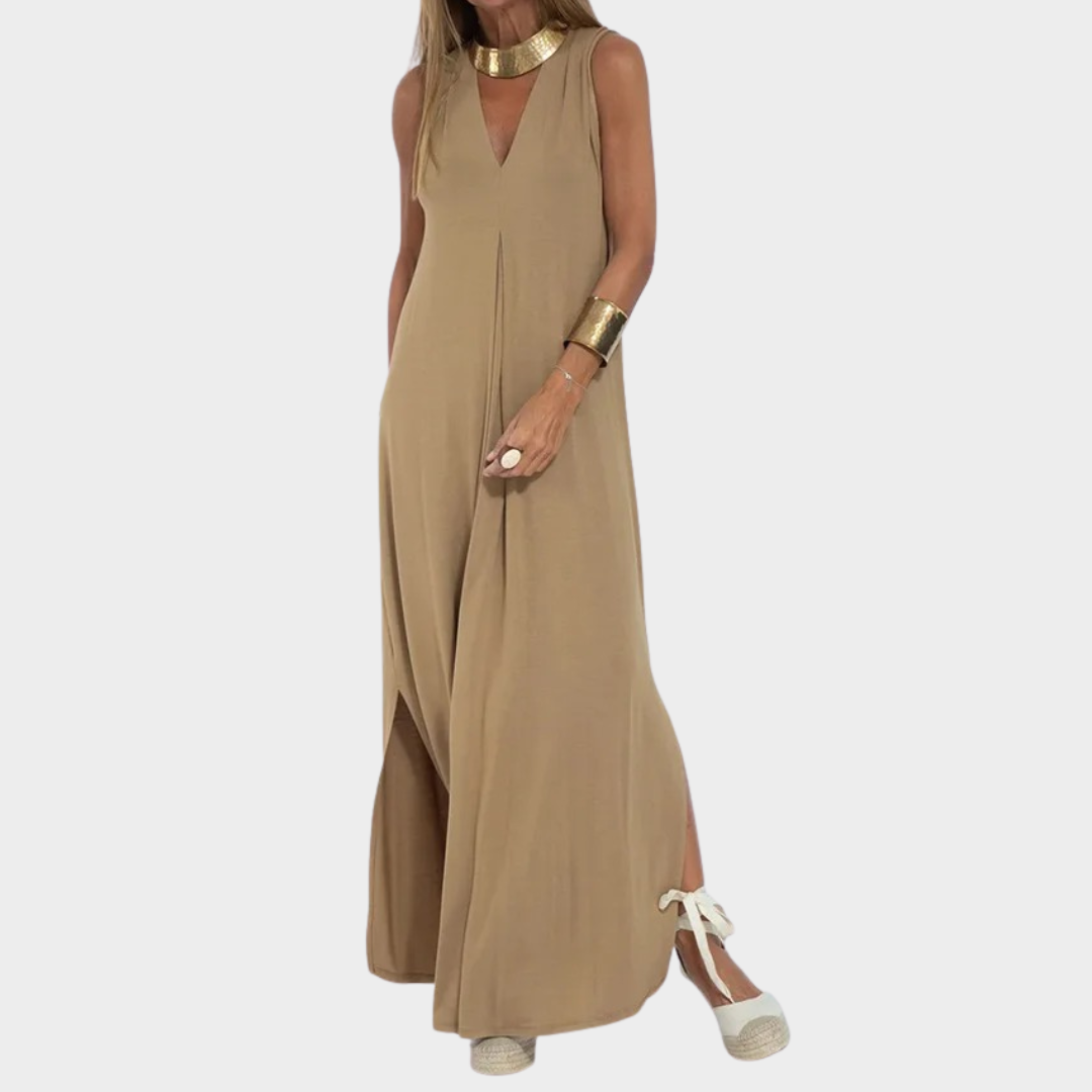 Women’s Vest Dress – Relaxed Fit – V-Neck – Solid Colour – Pullover Style – Khaki