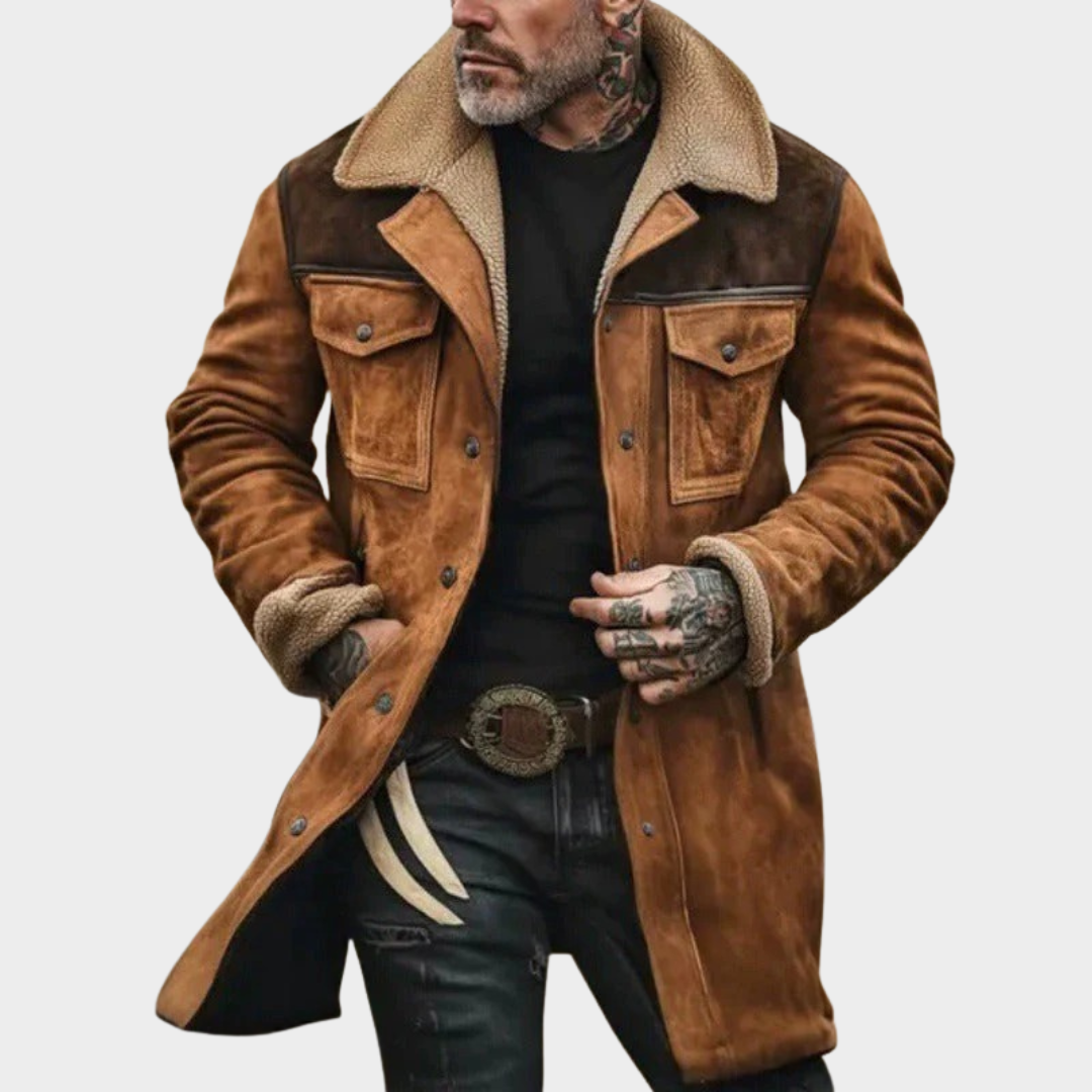 Men’s Vintage Suede Jacket – Mid-Length Motorcycle Coat with Plush Lapel Long Sleeves Zip Closure – Multiple Colours