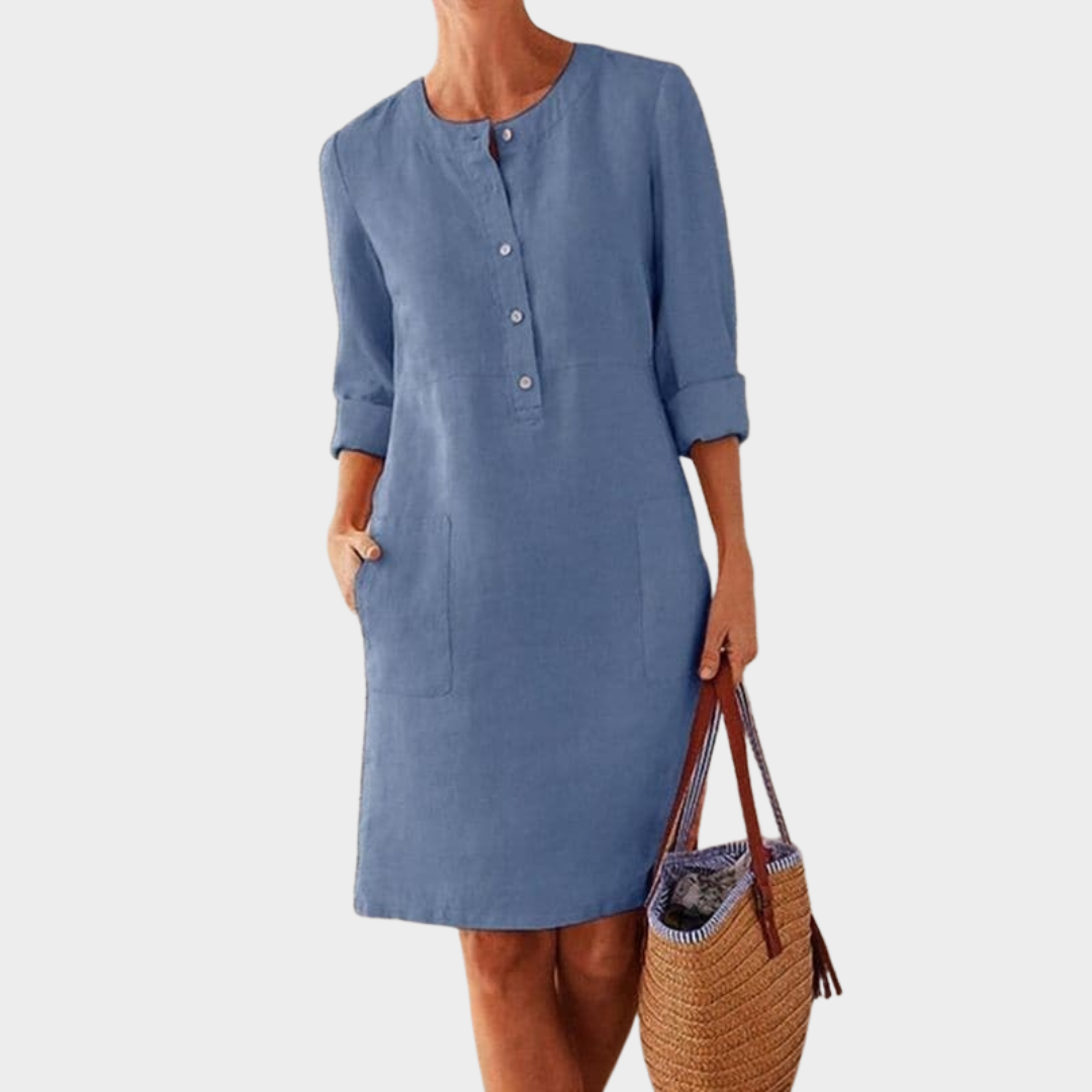 Women’s Long Sleeve Shirt Dress – Relaxed Fit – Button Front – Cotton Blend – Multiple Colours