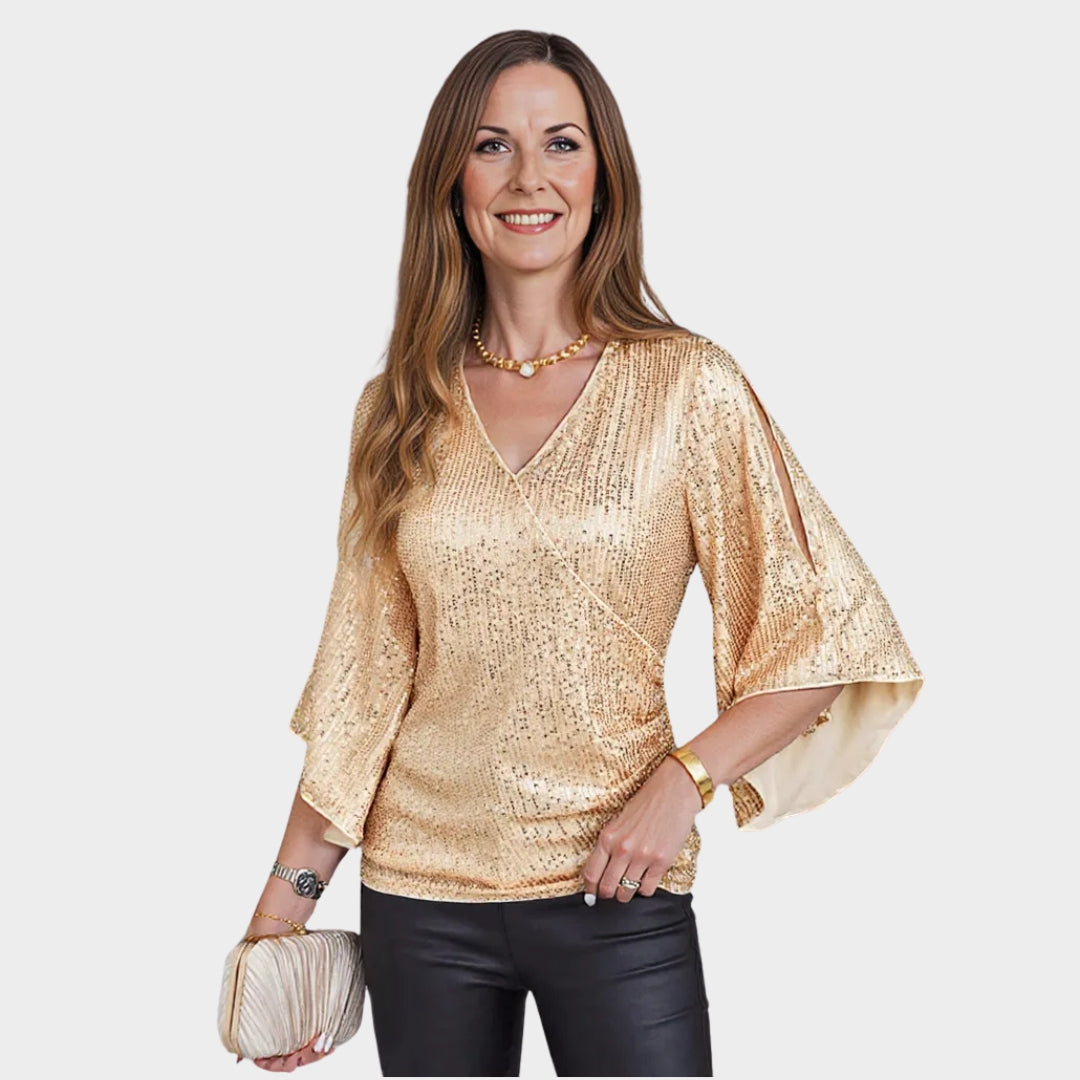 Women's Sequin Blouse - V-Neck Glitter Party Top - 3/4 Sleeve Sparkly Evening Wear - Multiple Colours