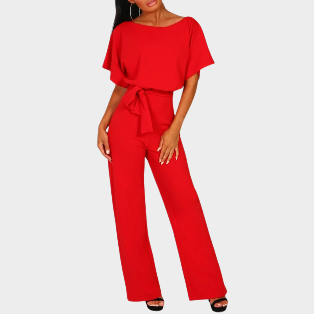 Women's Jumpsuit – Elegant Short Sleeve – Hollowed Waist – Tie Belt – Wide-Leg – Multiple Colours