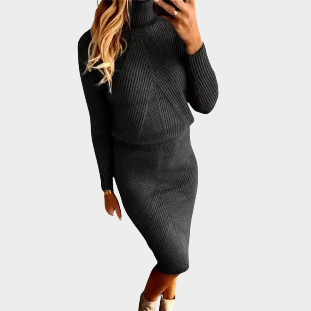 Women's Knitted Sweater Skirt Set – Two-Piece Outfit – High Collar – Long Sleeve – Elastic Waist – Warm & Stylish – Multiple Colours