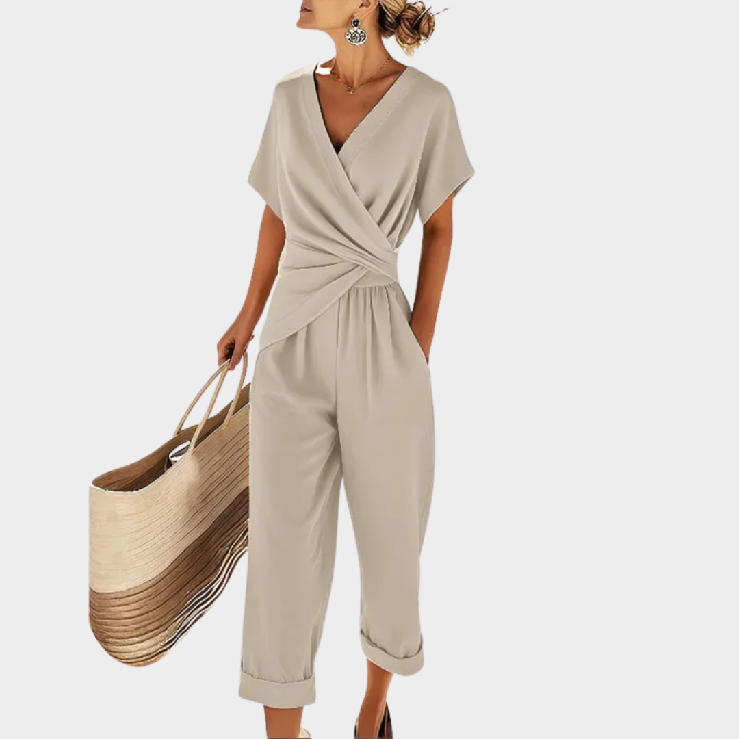 Elegant Two Piece Set – Women Outfit – Wrap Front Top and Cropped Trousers – Tailored Slim Fit Lightweight Fabric – Multiple Colours