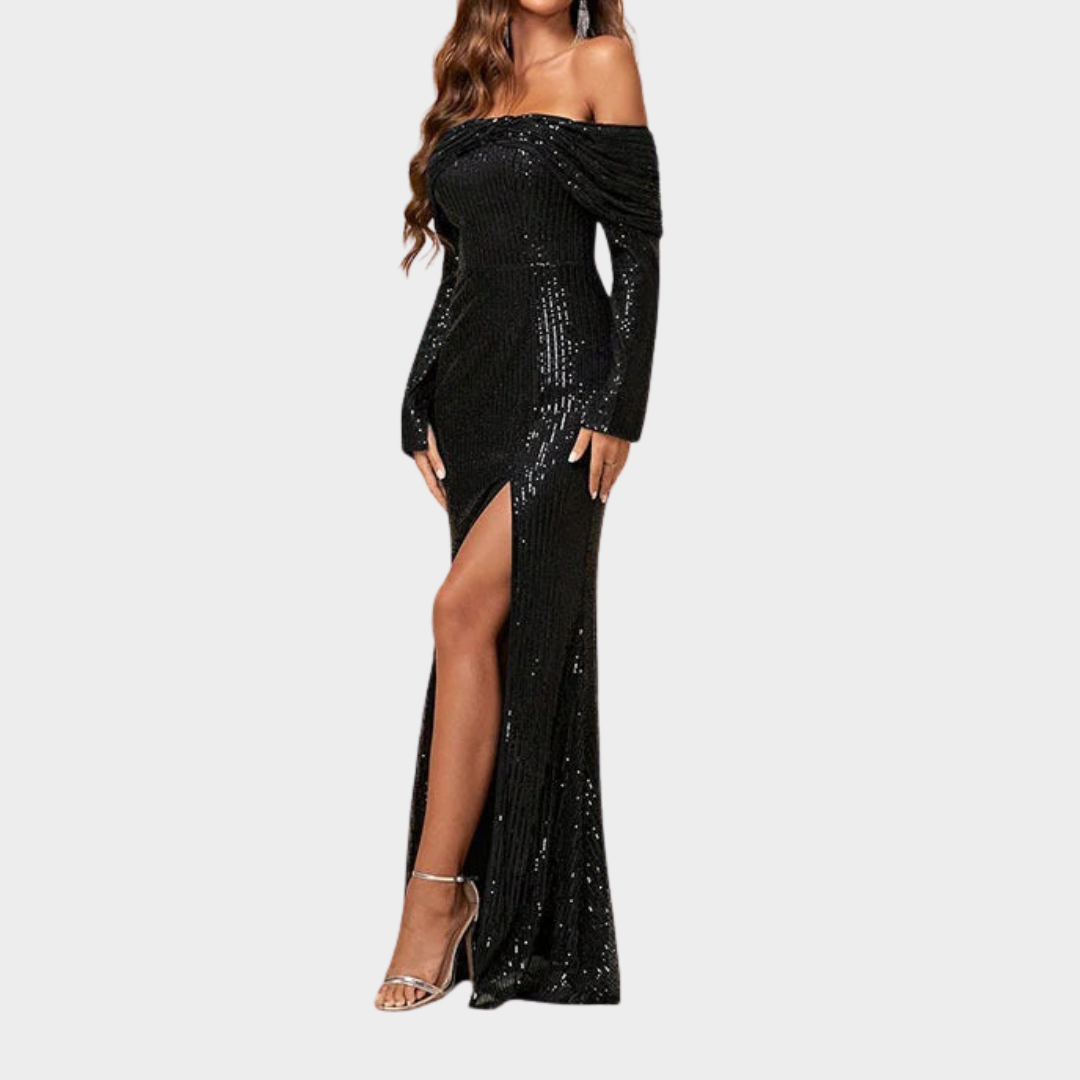 Women's Off Shoulder Evening Gown – Sparkling Fitted Dress with High Slit and Sequin Detail – Black