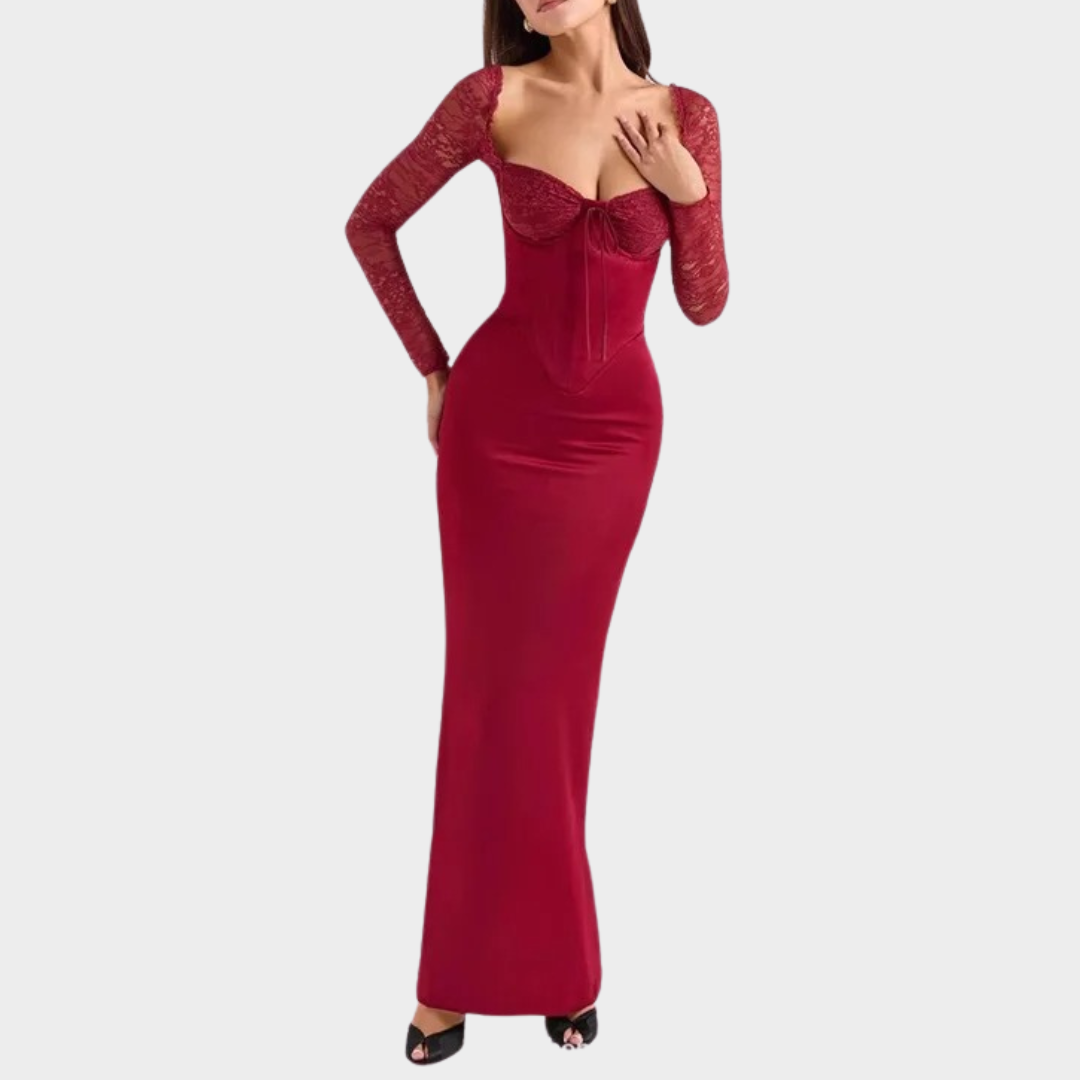 Women's Red Lace Prom Dress – Full Sleeves – Slim Fit – Lace-Up Back – Elegant Party Gown