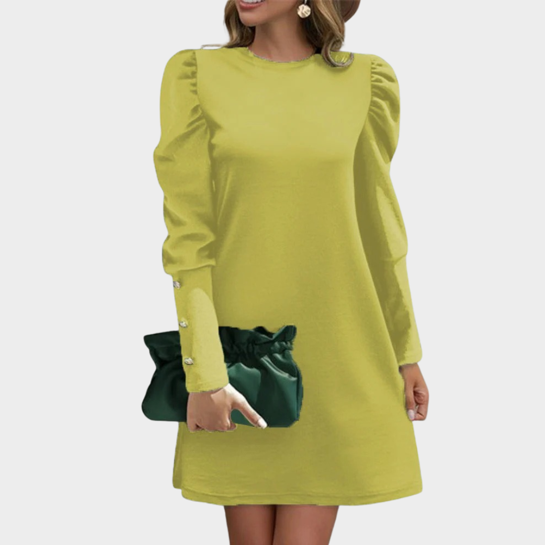 Women’s Dress – Elegant Puff Sleeve Button Detail Round Neck Solid Style – Multiple Colours
