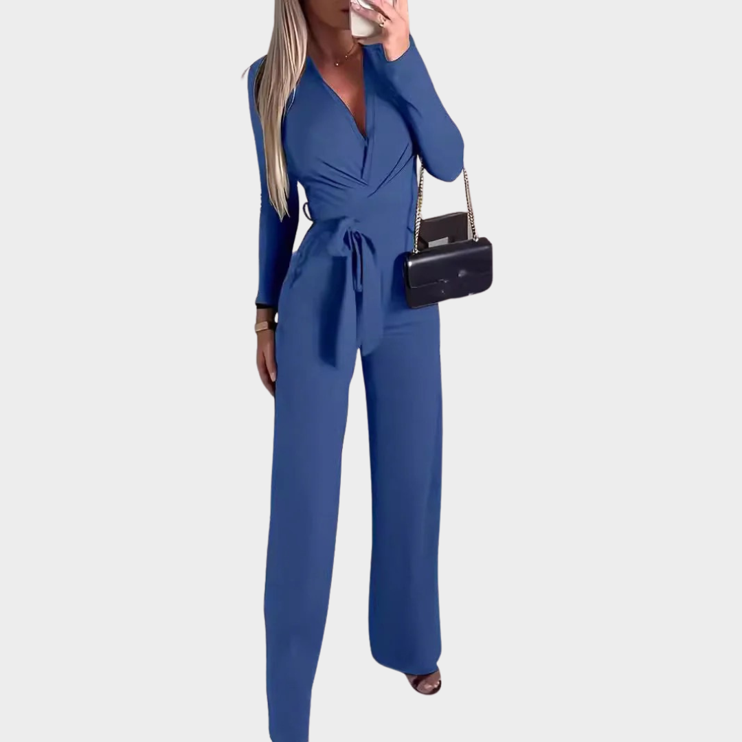 Women’s Long Sleeve Jumpsuit – V-Neck Slim Fit – Lace-Up Waist – Full-Length Pants – Soft Stretch Fabric – Multiple Colours