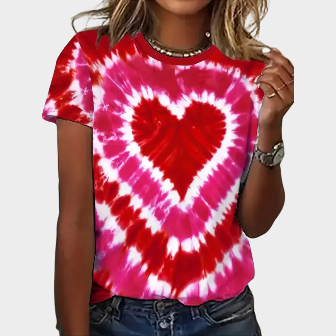 Women’s Heart Print Short Sleeve T-Shirt – Crew Neck Relaxed Fit Casual Tee – Lightweight Everyday Gift Top – Red