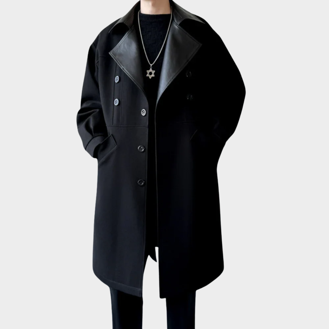 Men Long Coat – Wool Blend Relaxed Fit Double Breasted Notch Lapel Contrast Collar – Multiple Colours
