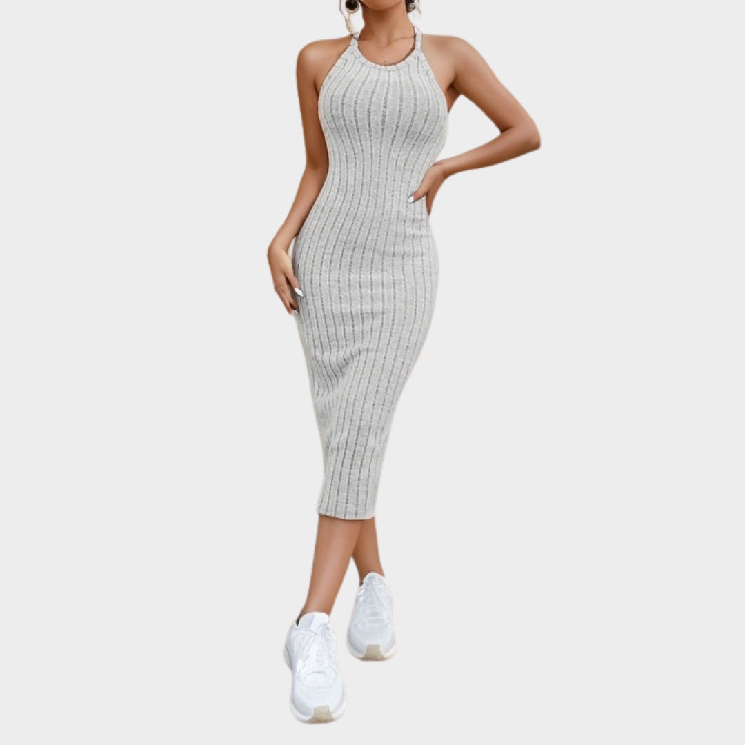 Women's Halter Neck Bodycon Dress – Ribbed Knitted Midi Dress – Sleeveless – Multiple Colours