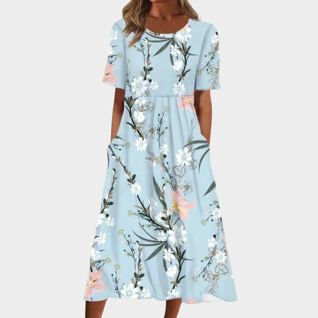Women’s Loose Fit Dress – Short Sleeve – Round Neck – Printed – Lightweight Bohemian Style – Blue
