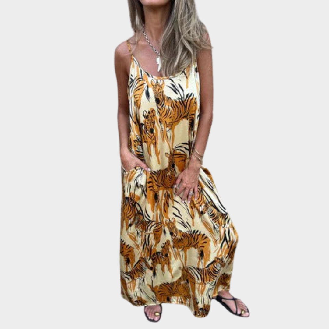 Women Animal Print Maxi Dress – Relaxed Fit with Adjustable Straps and Pockets – Breathable Material – Multiple Colours