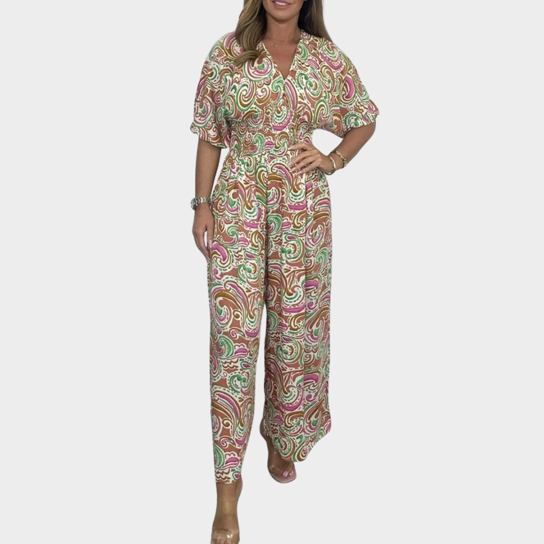Fashion Print Women Jumpsuit – Short Sleeve – V Neck – Wide-Leg Fit – Lightweight Fabric – Multiple Colours
