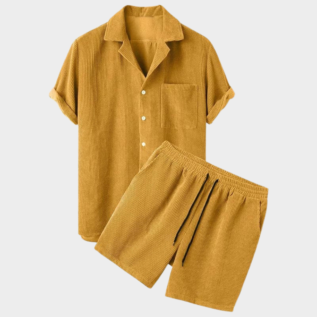 Men’s Corduroy Shorts Set – Short Sleeve Shirt & Shorts – Relaxed Fit – Solid Colour – Multiple Colours