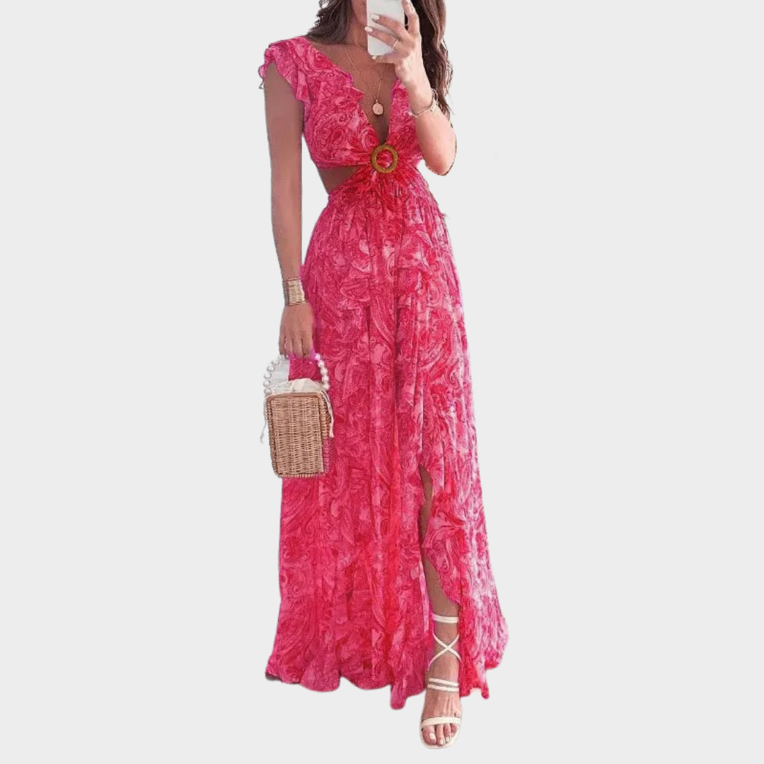 Women’s Sleeveless Long Dress – Floral Print V-Neck with Waist-Exposing Fit and Flowing Hem – Multiple Colours