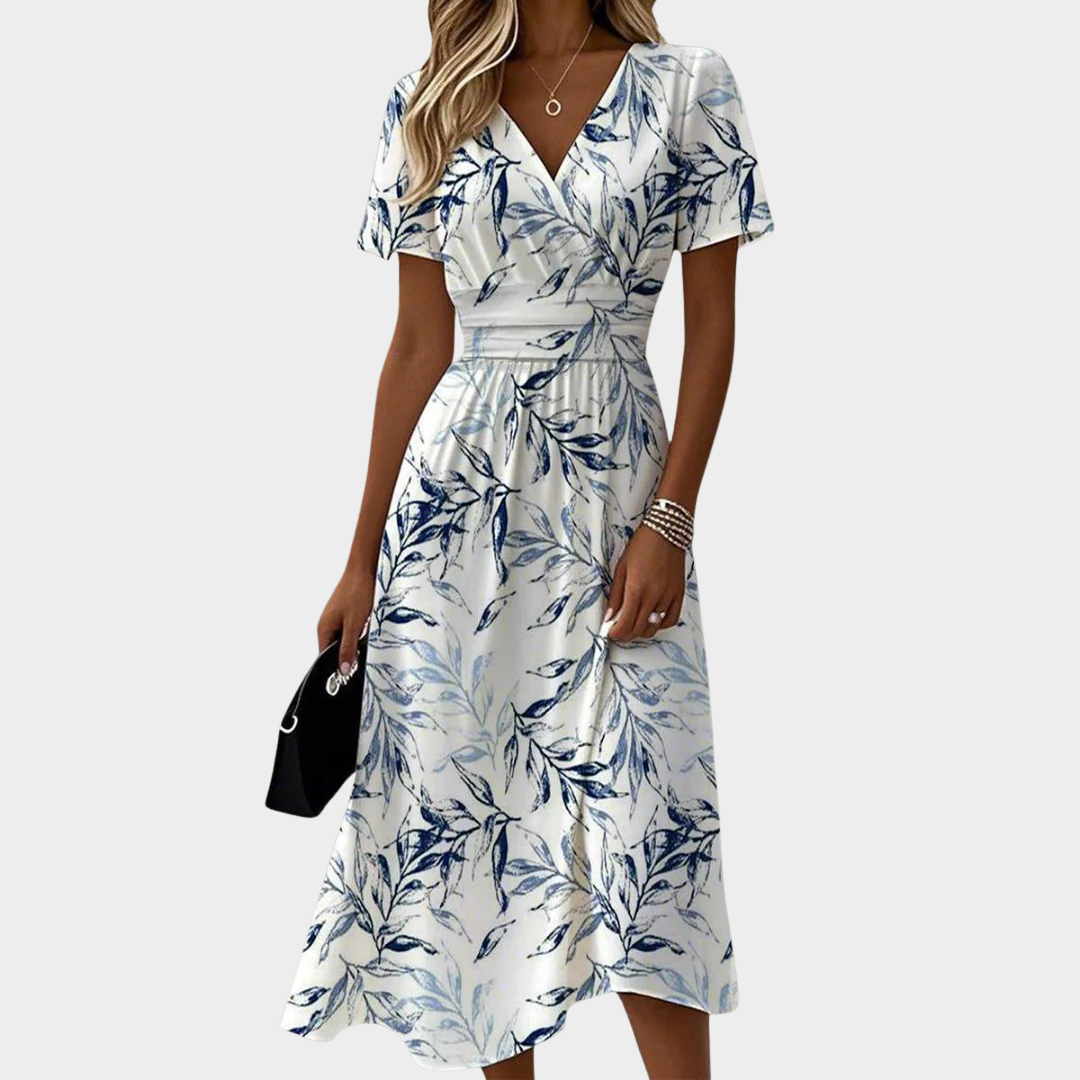 Women’s Elegant Dress – Wrap Top with Stretch Waist – Floral Print – Soft Breathable Fabric – Flattering Fit – White