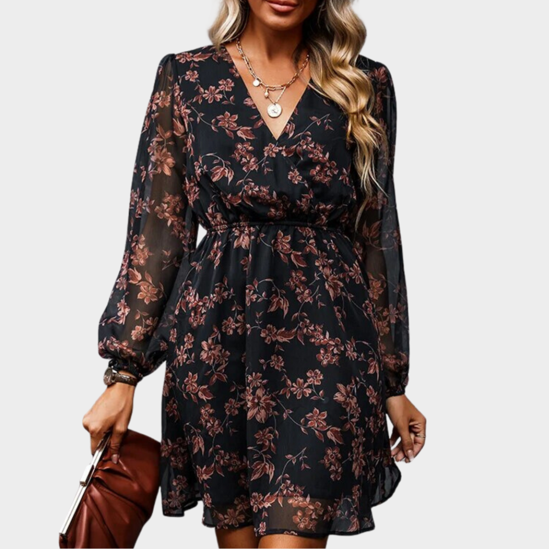 Women’s Mini Dress – V-Neck Floral Chiffon – Long Sleeve Tunic Style – Lightweight Beach Cover Up – Multiple Colours